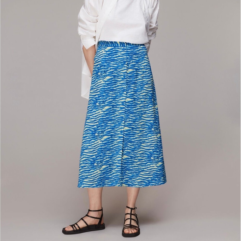 NWT Whistles Seafoam Button Front Skirt – Blue Multi Wave Print Size US 6